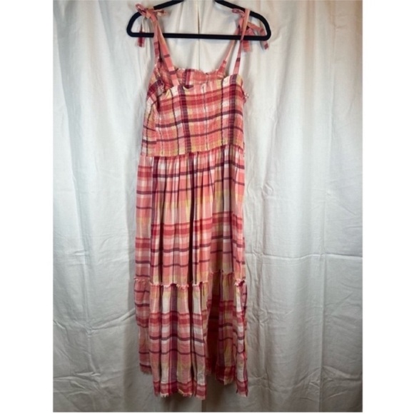 True craft plaid smocked tiered shoulder tie maxi dress raw edges square neck - Picture 2 of 4